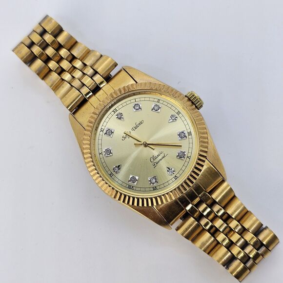 VTG Sergio Valente Watch 36MM Gold Dial Gold Bracelet Diamonds 7.5" NewBattery - Picture 4 of 15